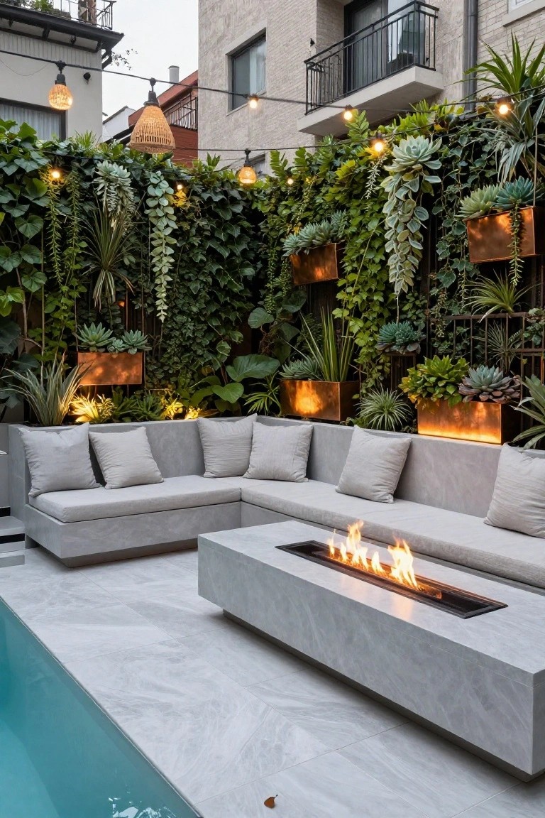 Outdoor patio with L-shaped light gray sofa around a rectangular concrete table featuring a linear gas fire pit, adjacent to a turquoise pool on light gray tiles, surrounded by green plant-covered walls and string lights.