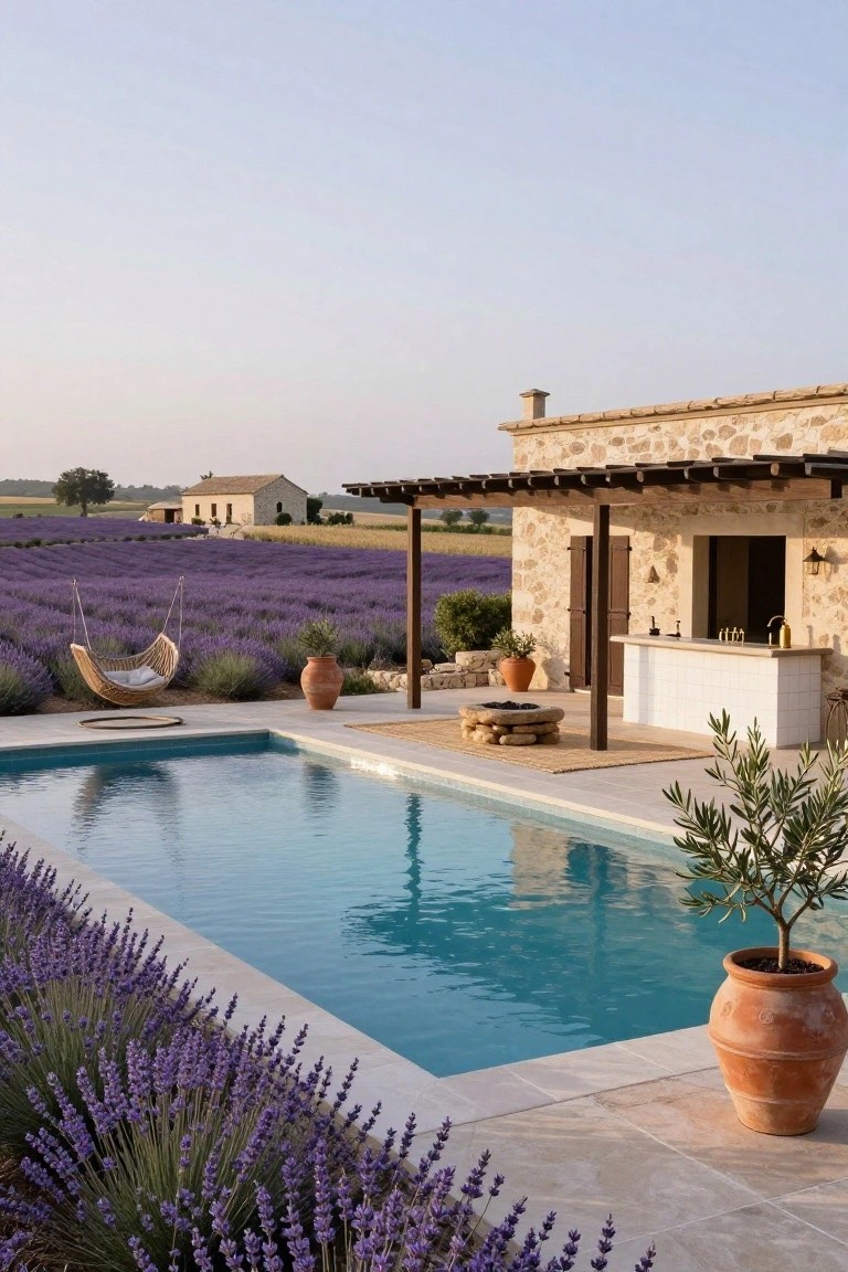 Stone house with pergola-covered outdoor kitchen and bar next to rectangular pool edged in lavender plants, hammock swing, fire pit, olive trees, and lavender fields in background.