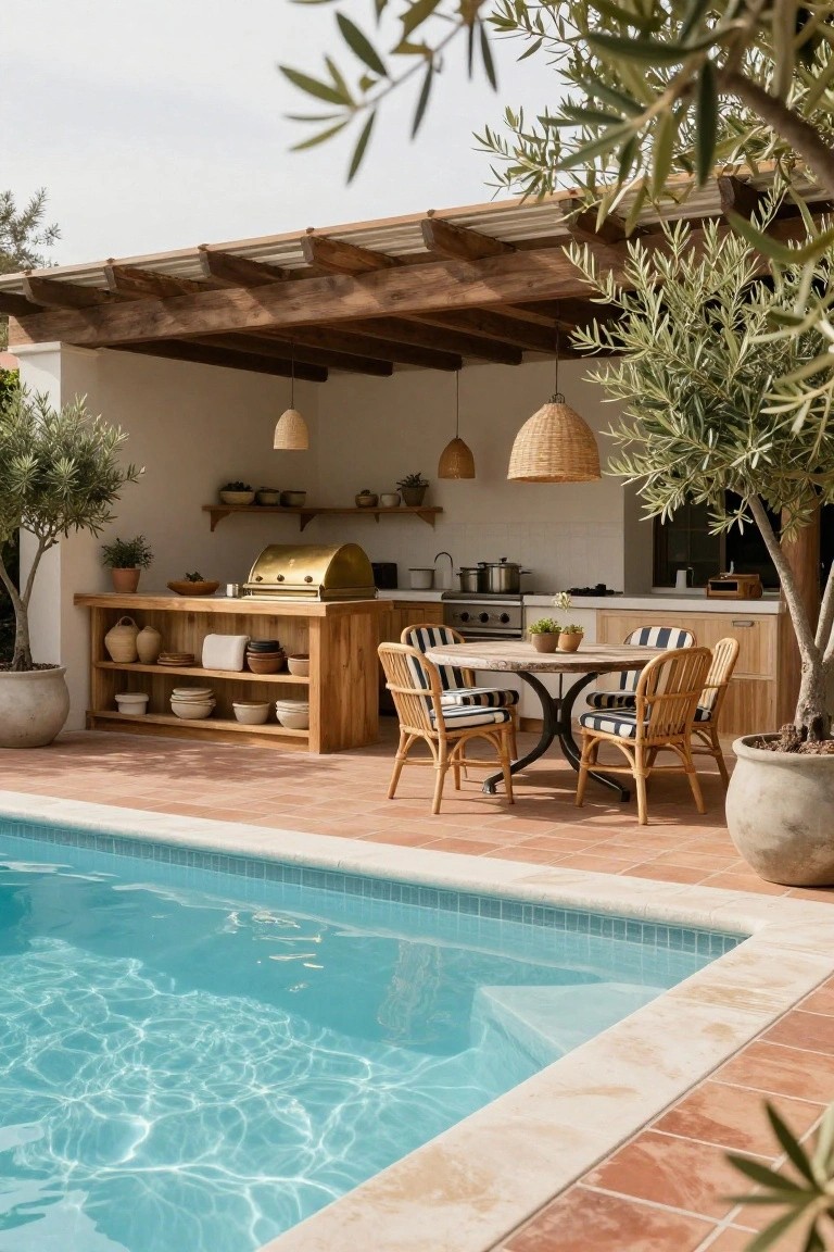 Outdoor kitchen island made of wood with gold grill, open shelves holding ceramics, adjacent round wooden table with striped rattan chairs, pendant lights, potted olive trees, white walls, and blue pool edge on terracotta patio under wooden pergola.