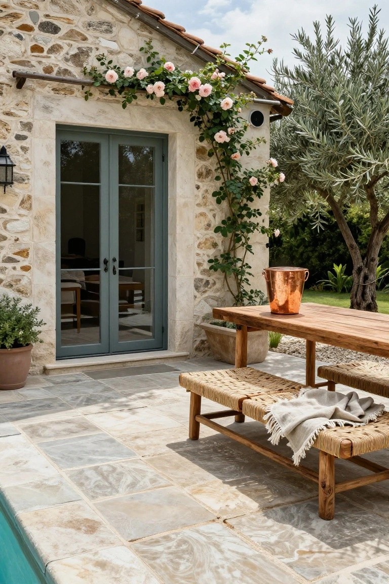 Stone house wall with climbing pink roses and green French doors opening onto a tiled patio with wooden dining table, rattan benches draped in a gray throw, copper bucket, potted plants, and edge of swimming pool.
