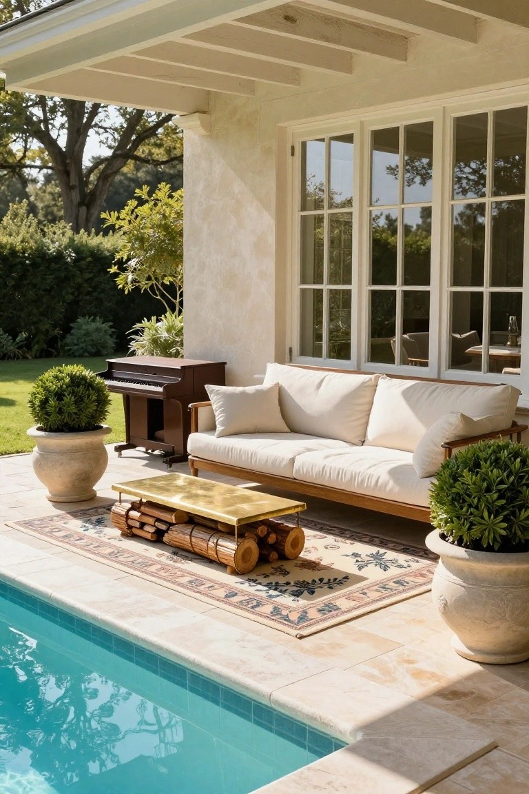 Covered outdoor terrace with wooden sofa, brass coffee table on log supports, small piano, potted plants, and beige tile deck adjacent to turquoise pool.