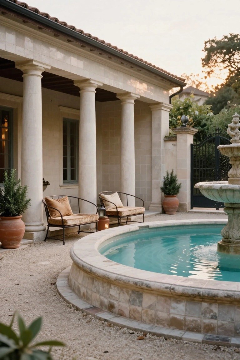 Stone house exterior with white columns on a porch area, two tan armchairs with cushions near potted plants, and a circular turquoise fountain pool in a gravel courtyard with iron gate and trees in the background.