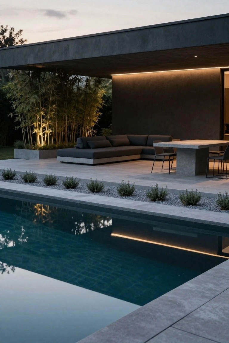 Dark concrete house overhang sheltering black L-shaped sofa, concrete table, and metal chairs on a paved terrace next to a rectangular pool with bamboo plants, low shrubs in gravel beds, and LED lighting.