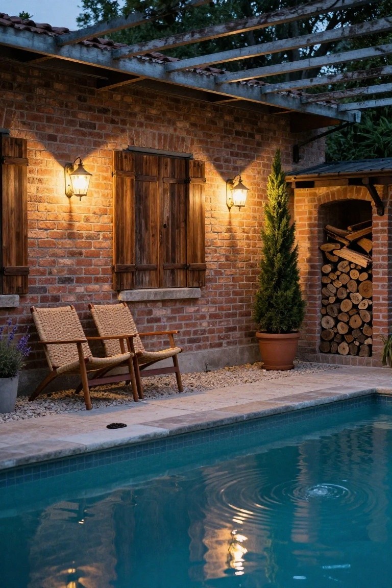 Dusk-lit pool with gentle ripples, two angled rattan armchairs on pebbled ground beside the water, brick wall featuring wooden louvered shutters flanked by glowing wall lanterns, potted cypress tree, and stacked firewood in arched niche.