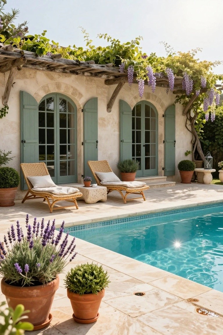 Beige stucco house wall with arched green-shuttered doors under a wooden pergola covered in green vines and purple wisteria, beside a pool terrace with two beige wicker loungers on cushions, a stone side table, potted lavender and boxwood plants, and a turquoise pool.