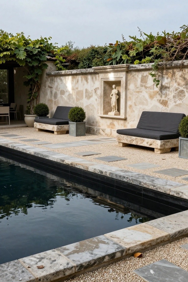 Outdoor pool area with two low black-cushioned daybeds on stone bases beside a dark rectangular pool, flanked by boxwood plants in metal pots, pebble ground with stone pavers, and a textured stone wall with climbing vines and a statue niche.