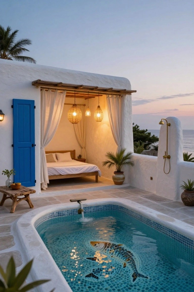 White stucco rooftop terrace with small blue mosaic-tiled plunge pool featuring a smiling koi fish, adjacent open-air bed alcove with white curtains blue shutters and lanterns, wooden stool potted plants outdoor shower palm trees and ocean view at dusk.