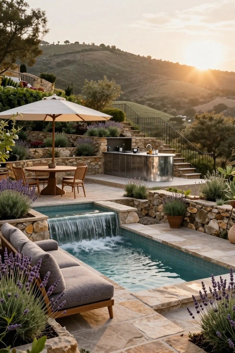 Terraced stone patio with small turquoise plunge pool featuring waterfall, gray outdoor sofa, round wood dining table with chairs under white umbrella, stainless steel kitchen counter and grill, lavender plants, stone walls, and hillside landscape at sunset.