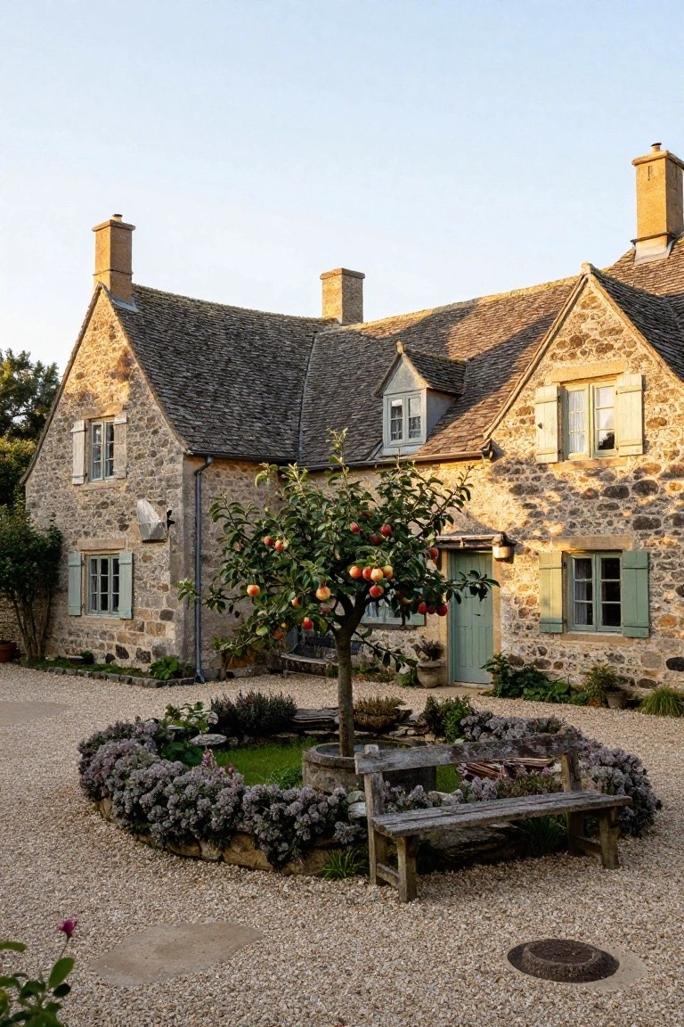 Stone country house with gabled roof, multiple chimneys, green shutters on windows, and green front door next to a fruit-laden apple tree, surrounded by a circular gravel garden bed with bench, lavender plants, and stone edging.