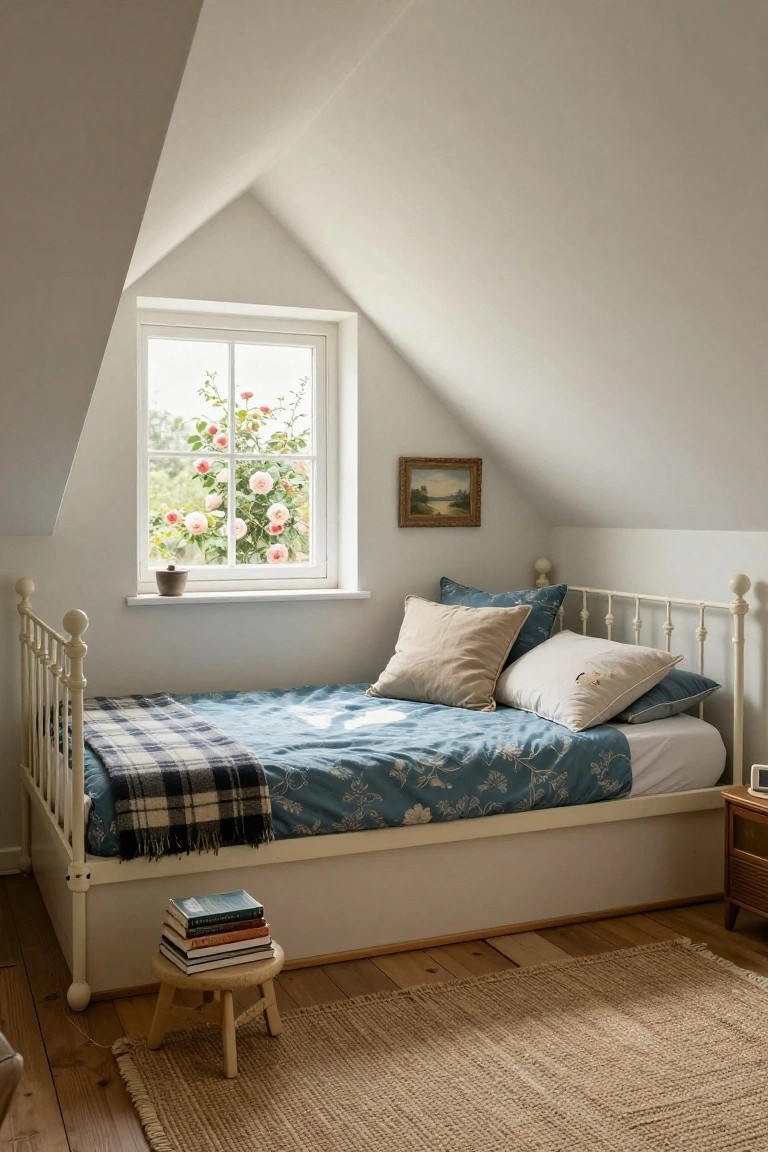 Attic bedroom with white sloped ceilings, dormer window showing pink climbing roses, white iron daybed with blue quilt and plaid throw, stack of books on wooden stool, seagrass rug on oak floor, small painting on wall.