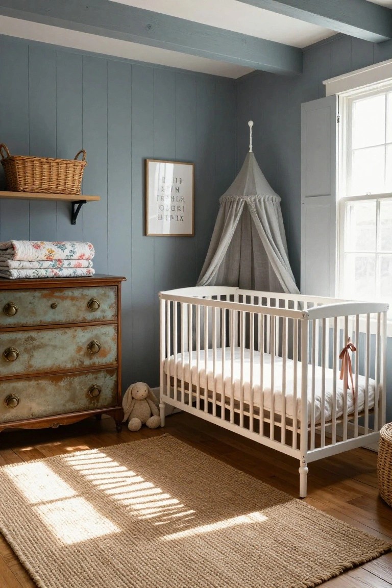 A nursery with blue shiplap walls, white crib under a gray fabric canopy, antique painted dresser with quilts on top, wicker baskets on shelves, stuffed animals, and a seagrass rug on wood floors.