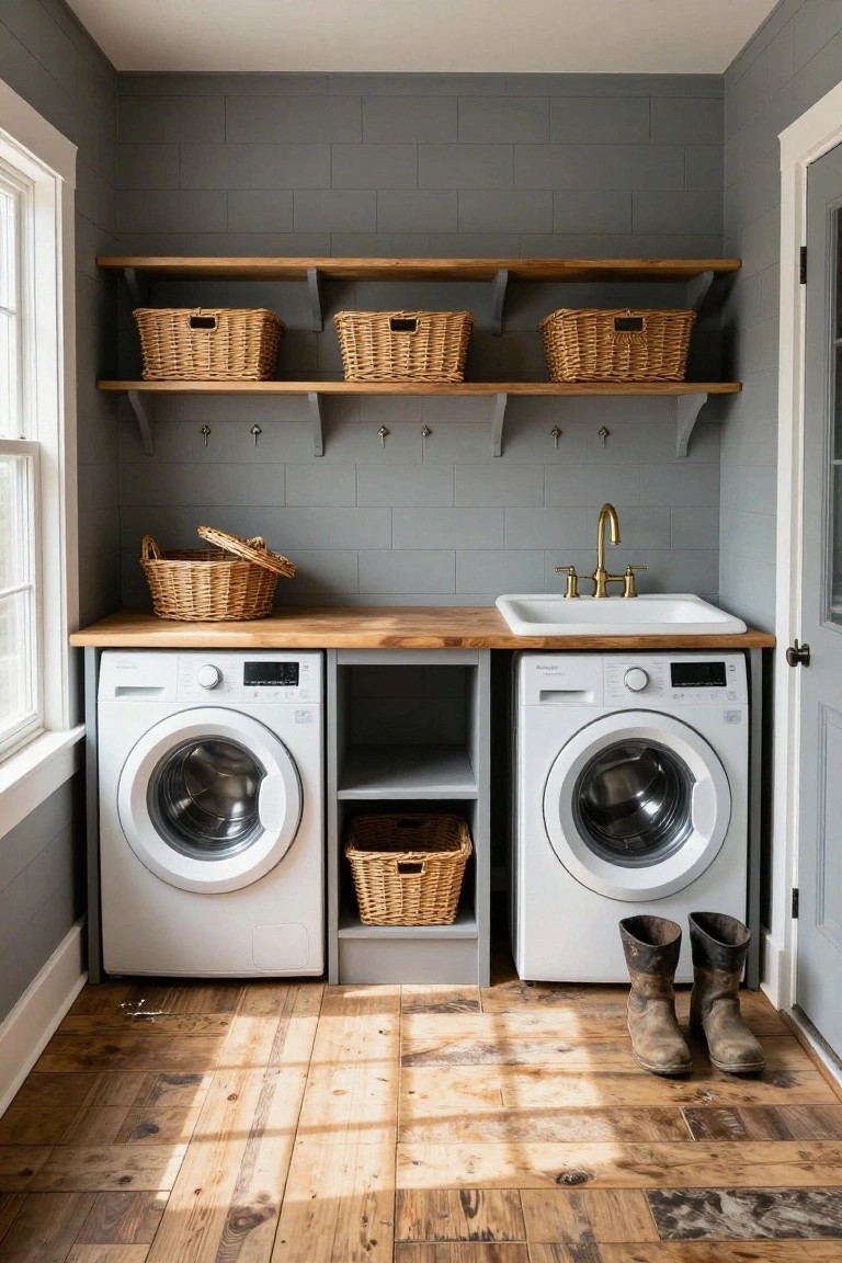 Interior of a laundry room with white washer and dryer housed in wooden cabinets under a butcher block countertop with an integrated white sink, open wooden shelves holding wicker baskets above, gray subway tile walls, hooks, and rubber boots on hardwood floors.
