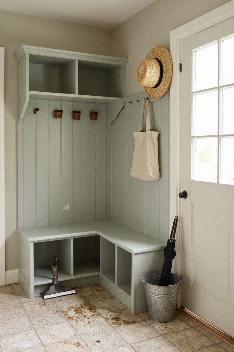Pale green painted wooden built-in corner mudroom unit with upper shelves and hooks holding a hat and tote bag, bench seat over cubbies with boot holder, nearby umbrella in bucket, squeegee on tiled floor with spills, white door with window.