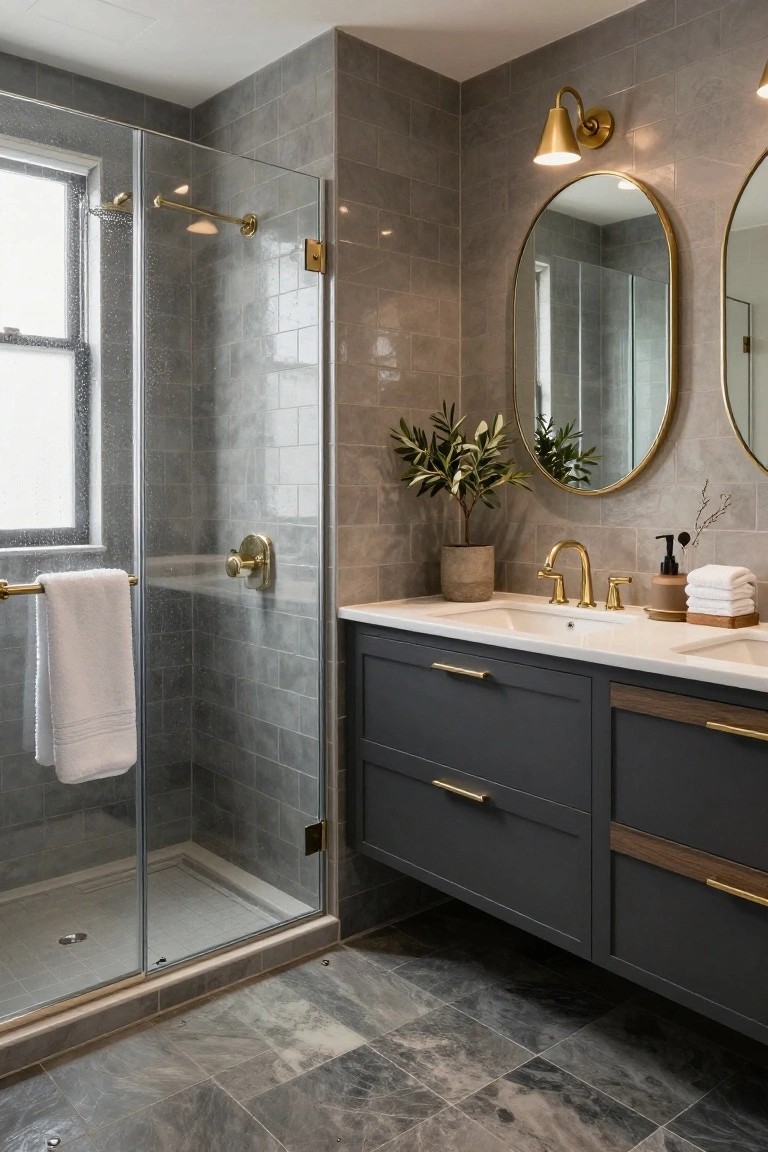 Modern bathroom with glass shower enclosure of gray subway tiles, floating navy lower cabinets with wood accents under white double sink and gold faucet, oval gold mirrors, olive plant, and gray slate floor.