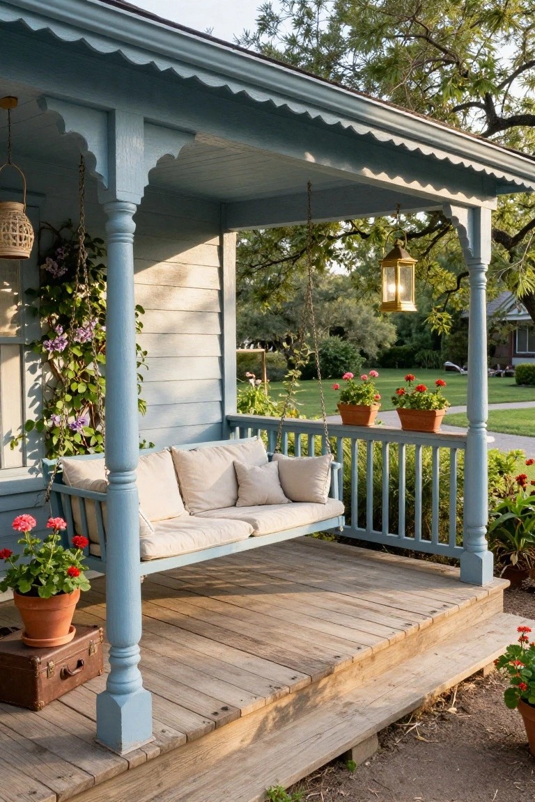 Blue porch swing with beige cushions on a wooden deck.