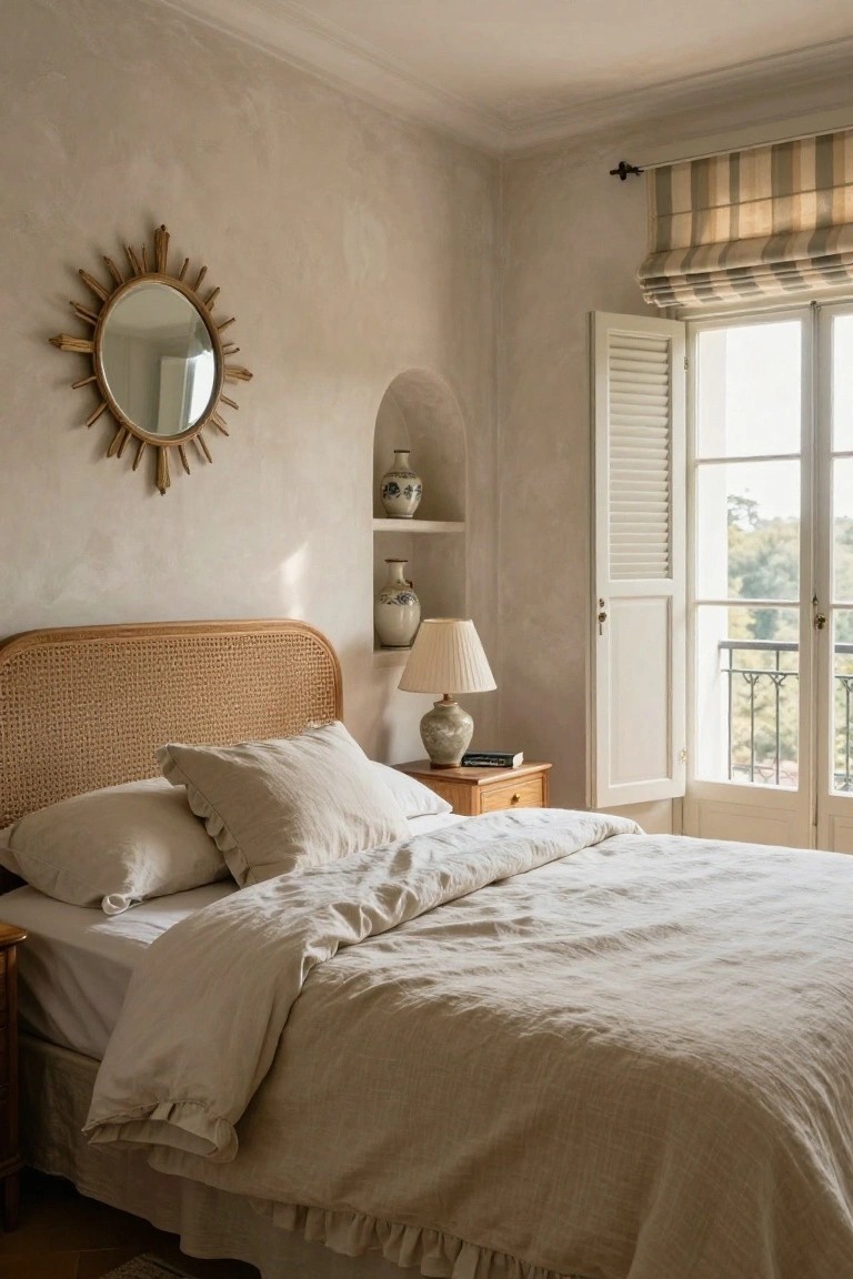 Bedroom interior with a bed featuring rattan headboard and white linen bedding, pillows, a bedside table with lamp and book, sunburst mirror and ceramic vases on wall niche, open shutters on French doors showing outdoor view.