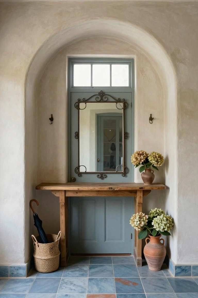 Rustic wooden console under arched alcove with blue door and mirror.