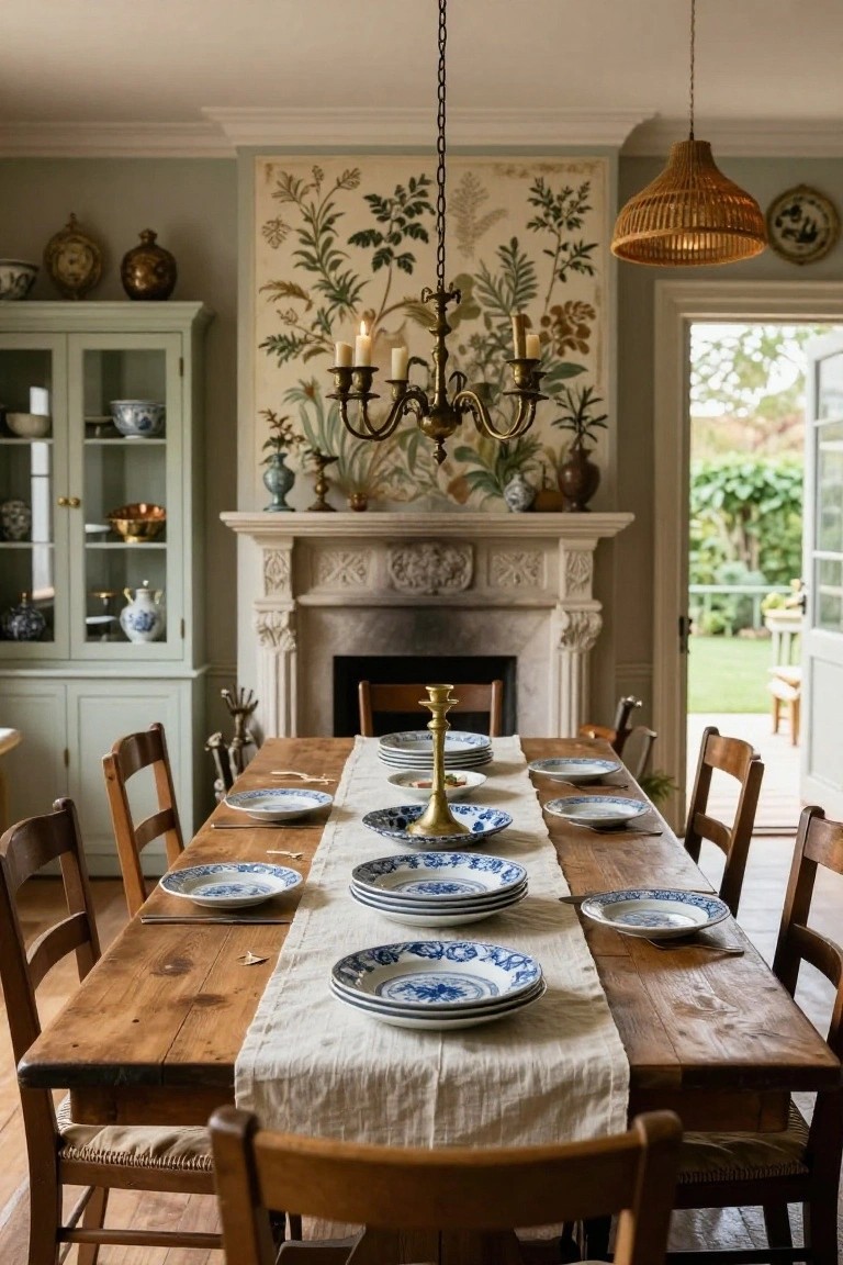 A long rustic wooden dining table in a sage green dining room, set with stacked blue and white plates on a white linen runner, brass candelabras, wooden chairs, a marble fireplace, and glass-door cabinets, with French doors open to a garden.