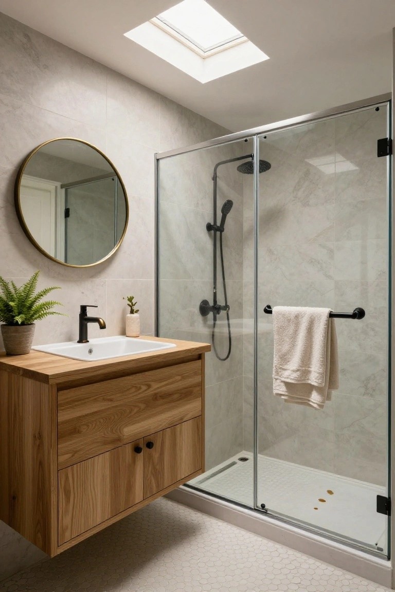 Modern bathroom with floating oak wood vanity, round gold mirror, black matte faucet and showerhead, glass shower enclosure with towel bar, marble tile walls, skylight above, and white hexagonal floor tiles.