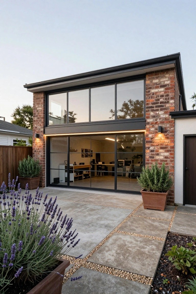 Two-story house exterior featuring exposed brick walls, a large black-framed glass wall and sliding doors opening to a concrete patio with potted lavender and succulents, flanked by a garage door.