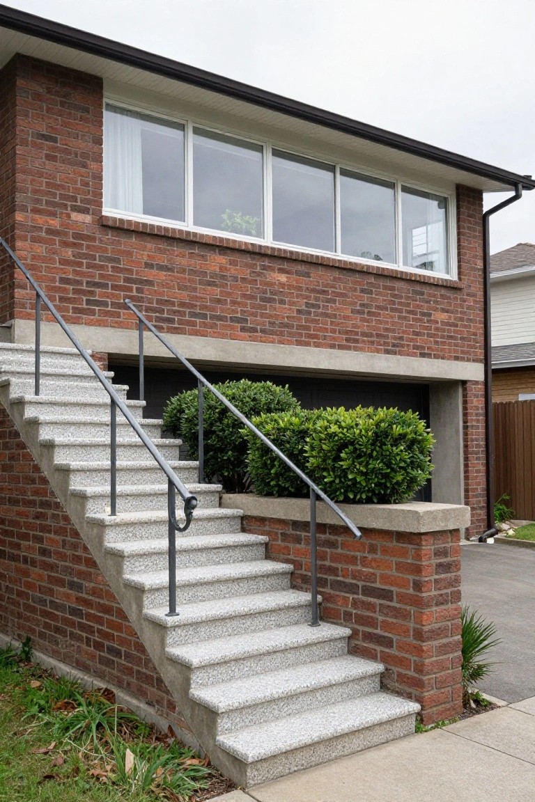 Red brick two-story house exterior featuring wide white granite steps with metal railings leading to the upper entrance, a garage door below, boxwood shrubs beside the garage, and a driveway.