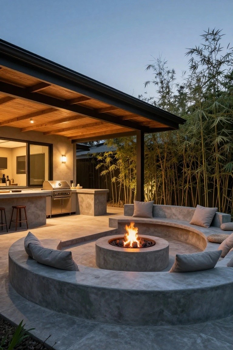 Curved concrete bench seating encircling a gas fire pit on a tiled outdoor patio, with an adjacent outdoor kitchen under a wooden pergola and bamboo plants in the background at dusk.