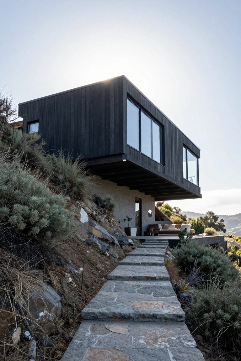 A modern rectangular house clad in dark wood, cantilevered over a rocky hillside with large glass windows on the facade, a stone pathway leading to the entrance amid native shrubs and grasses.