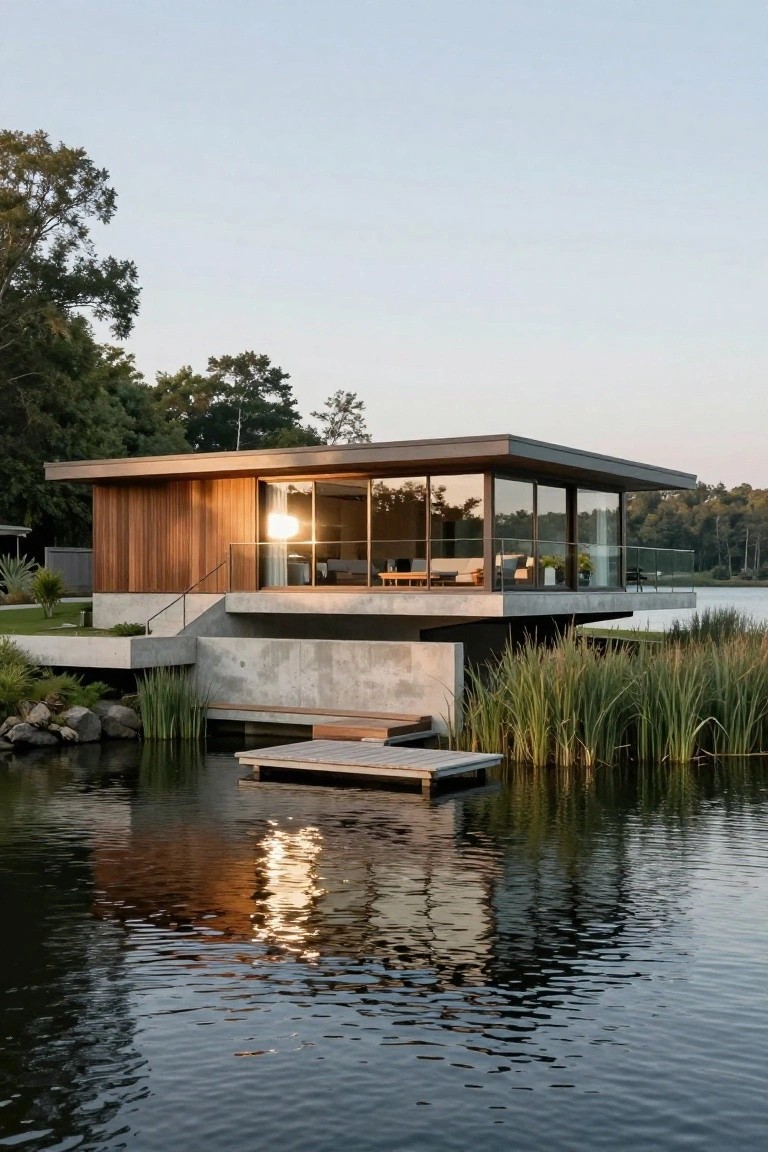 Modern rectangular house with vertical wood cladding and large glass walls, cantilevered on concrete pillars over a lake surrounded by reeds, rocks, and trees, with a wooden dock nearby.