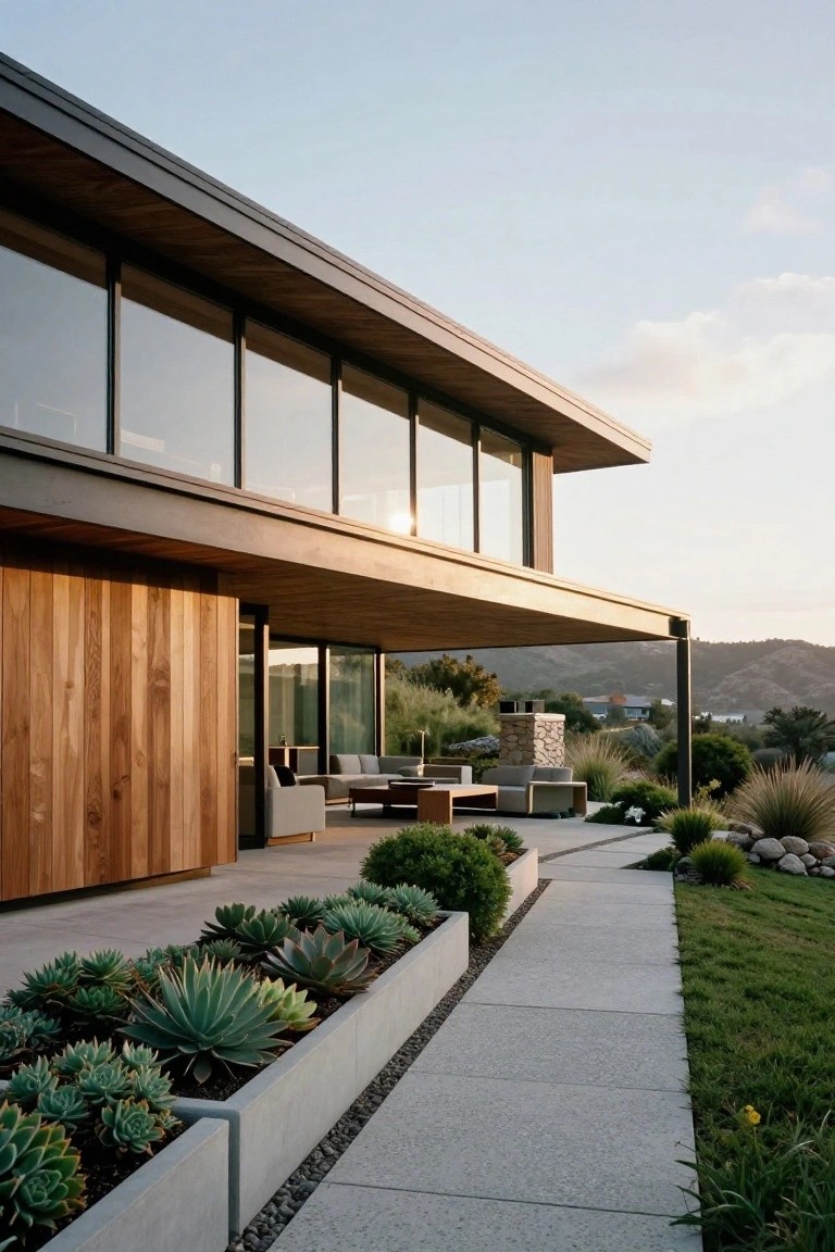 Side view of a modern house with cantilevered wooden roof overhanging an outdoor terrace with seating, low concrete planters filled with agave plants along a concrete pathway, and hillside landscape in the background.