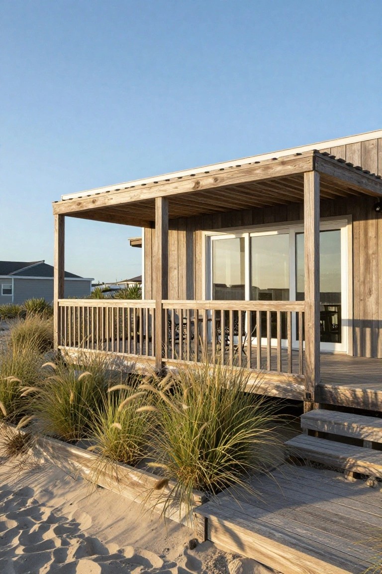 Weathered wooden beach house exterior with covered porch supported by posts, balcony railing enclosing chairs and table, sliding glass doors, steps to wooden deck amid sand and dune grass.