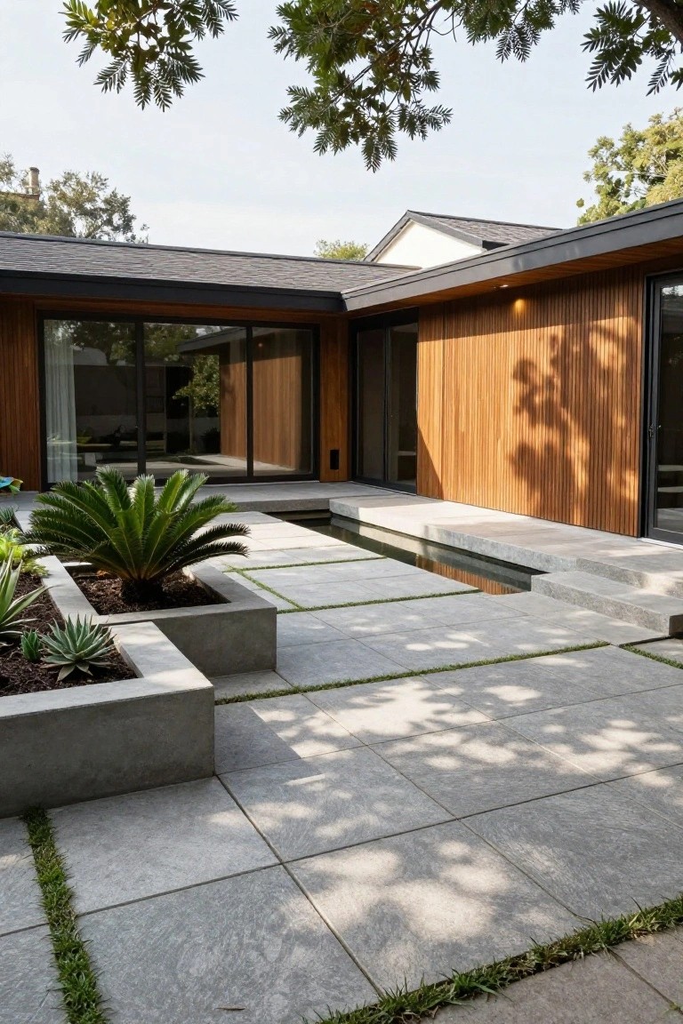 Modern courtyard patio with large gray pavers and thin grass strips between them, a narrow linear reflecting pool along the edge, concrete planters holding succulents and a palm tree, next to a wood-paneled house wall with glass sliding doors.