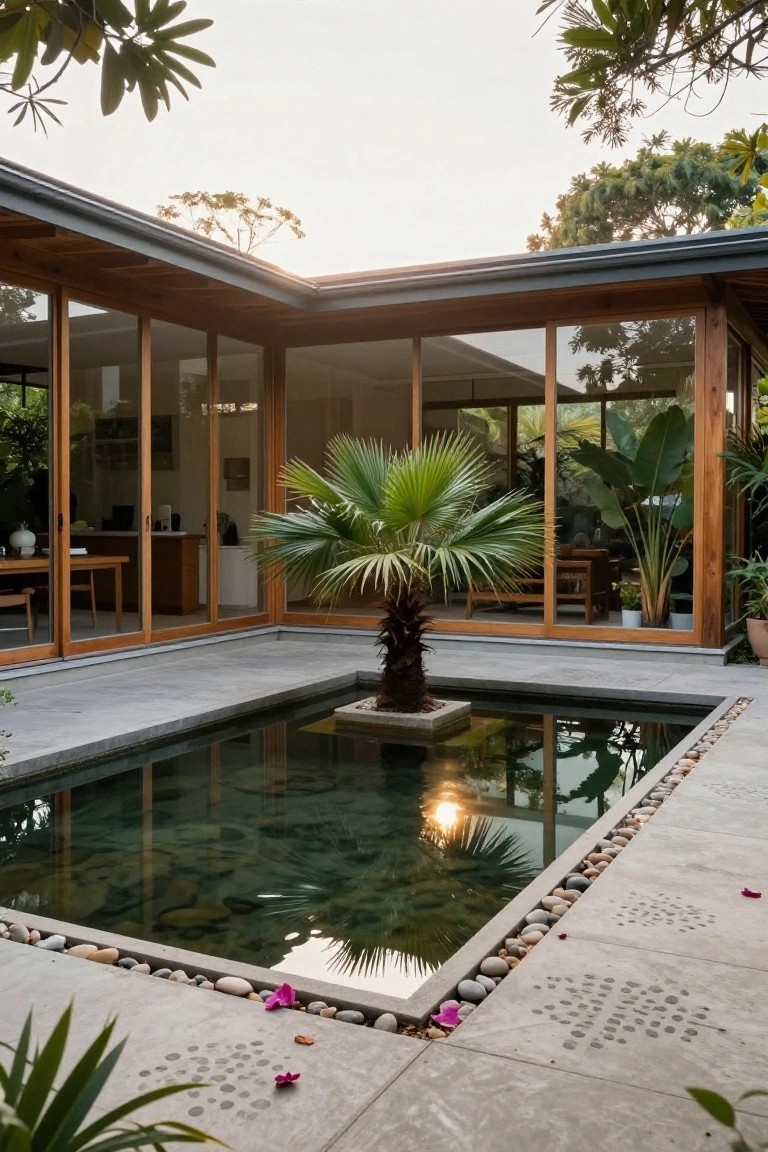 Modern courtyard with a rectangular pool, palm tree, and glass-walled building.