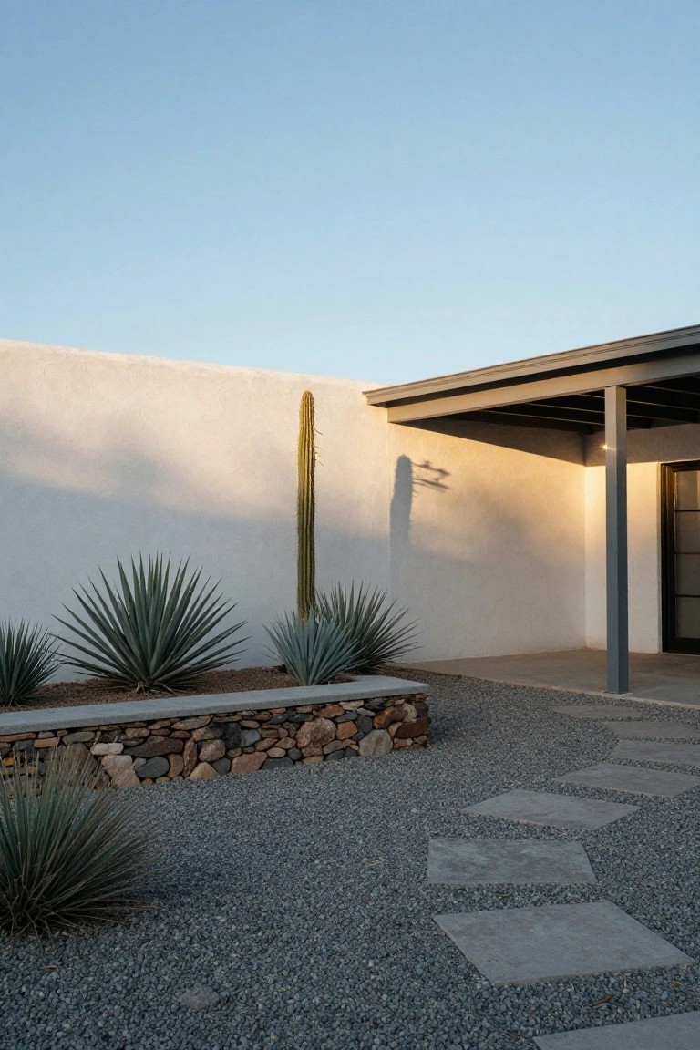White stucco wall of a modern home with covered metal entryway, tall saguaro cactus casting a shadow, several agave plants, rock-edged gravel bed, and stepping stone path in a desert yard.