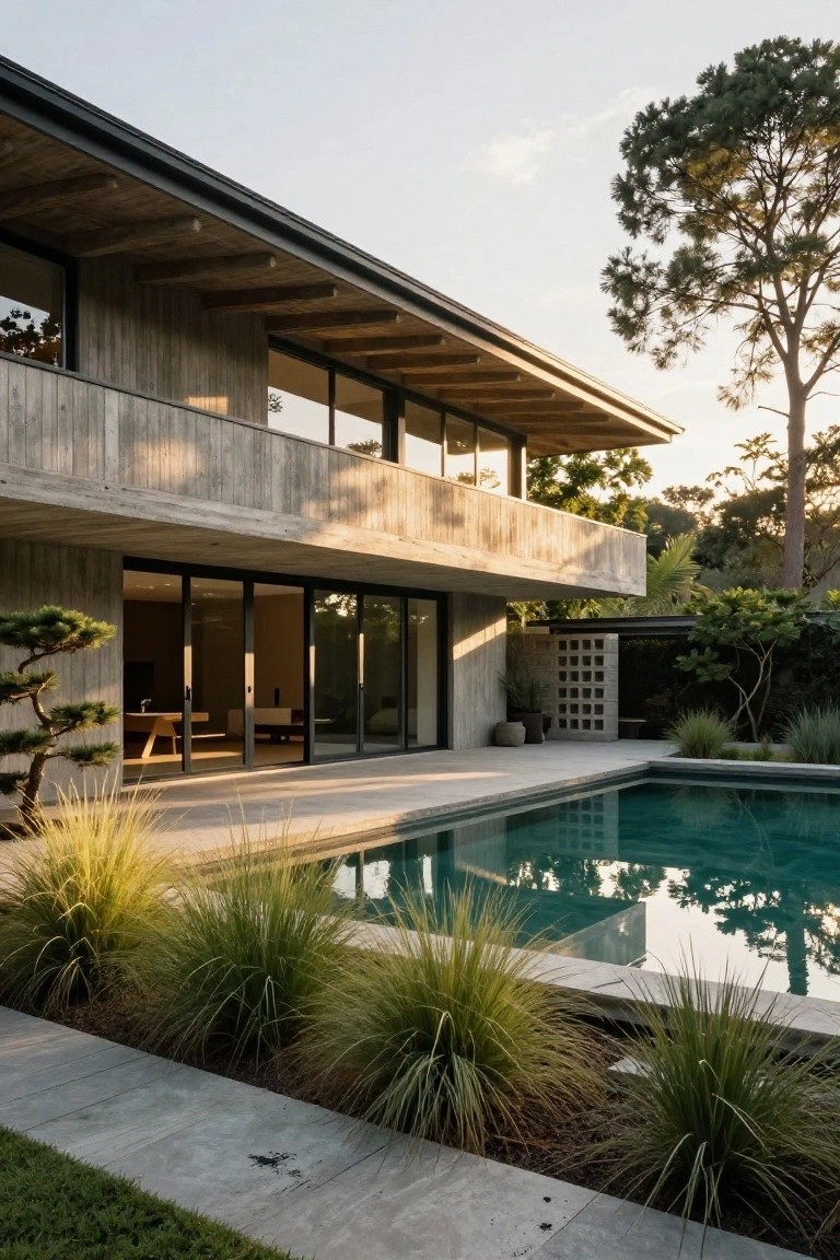 Side view of a modern two-story house with gray concrete walls, wood cladding and beams, large sliding glass doors opening to a rectangular turquoise pool, grasses and trees along the edge, and a pine tree in the background at sunset.