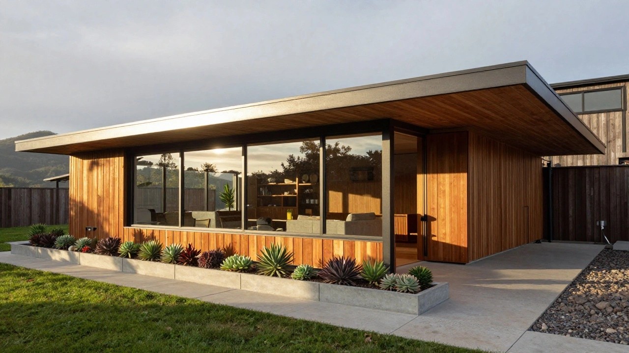 Side view of a modern house with cantilevered wooden roof overhanging an outdoor terrace with seating, low concrete planters filled with agave plants along a concrete pathway, and hillside landscape in the background.