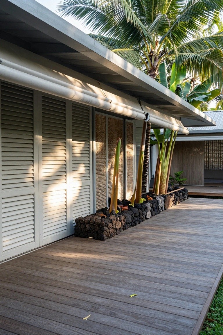 Side view of a modern house exterior with white louvered shutters, bamboo screens, a wooden deck, and a border of black lava rocks planted with tall green tropical plants like banana trees under palm trees.