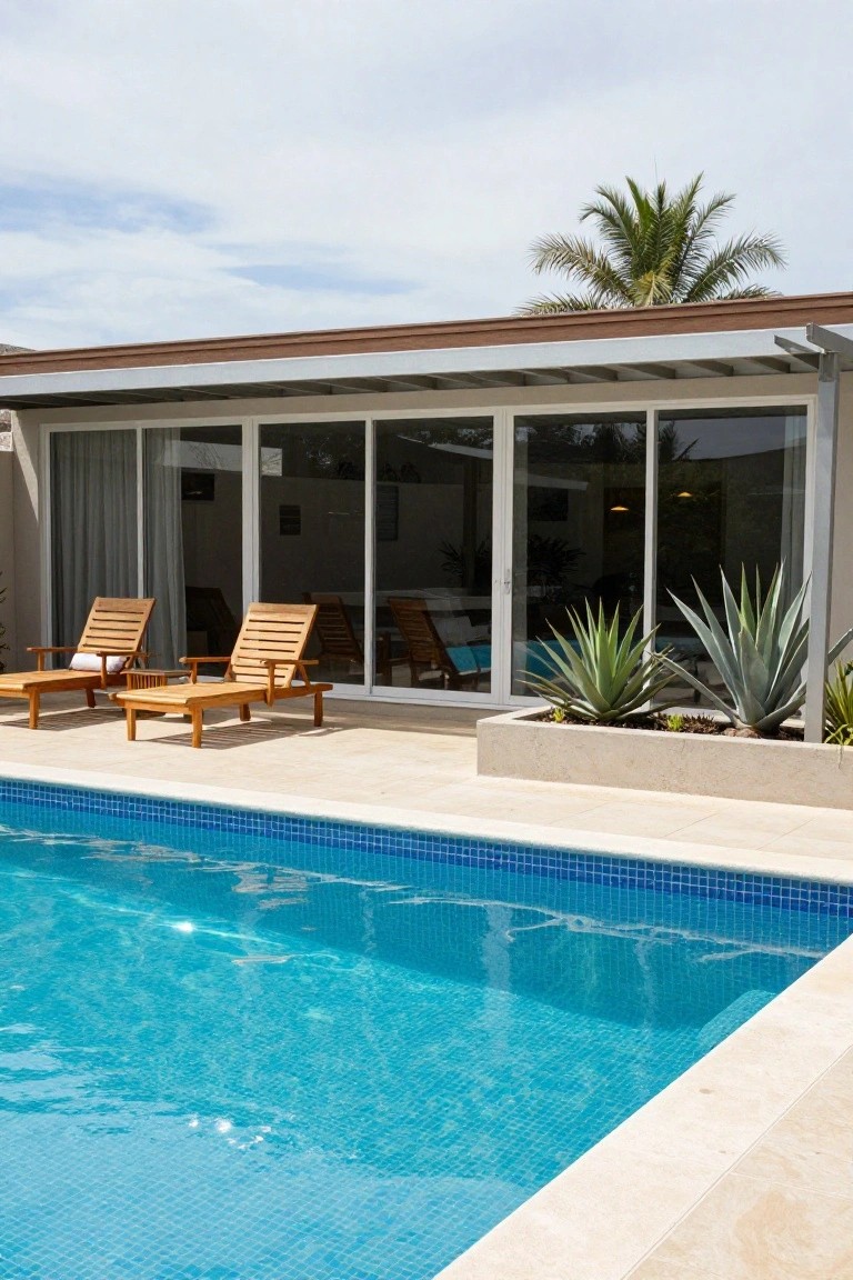 House exterior featuring large sliding glass doors opening to a tiled poolside patio with two wooden lounge chairs, agave plants in raised beds, and a palm tree above the roofline.