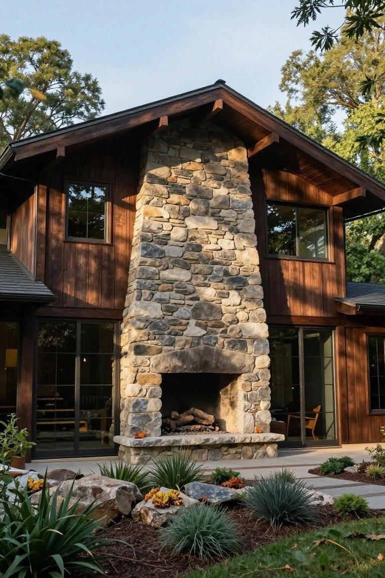 Exterior of a wood-clad house with a tall gray stone chimney rising beside large glass windows and doors opening to a concrete patio featuring an outdoor stone fireplace, with boulders, agave plants, and mulch beds nearby.