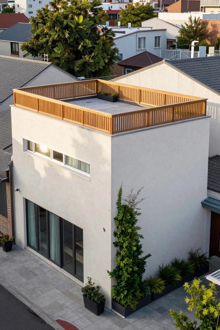Aerial photo of a small white boxy house with flat roof and wooden deck railing on top, large glass entry doors on the ground floor, climbing vine on one side, potted plants along the front sidewalk, and surrounding urban neighborhood buildings.