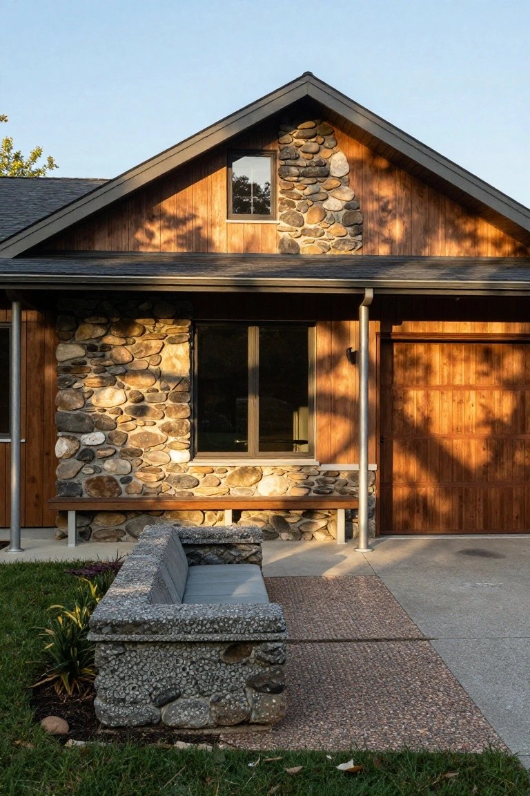 Exterior of a house with fieldstone walls around the garage and entry, vertical wood siding, a wooden garage door, a built-in stone bench, small plants, and concrete paving in front.