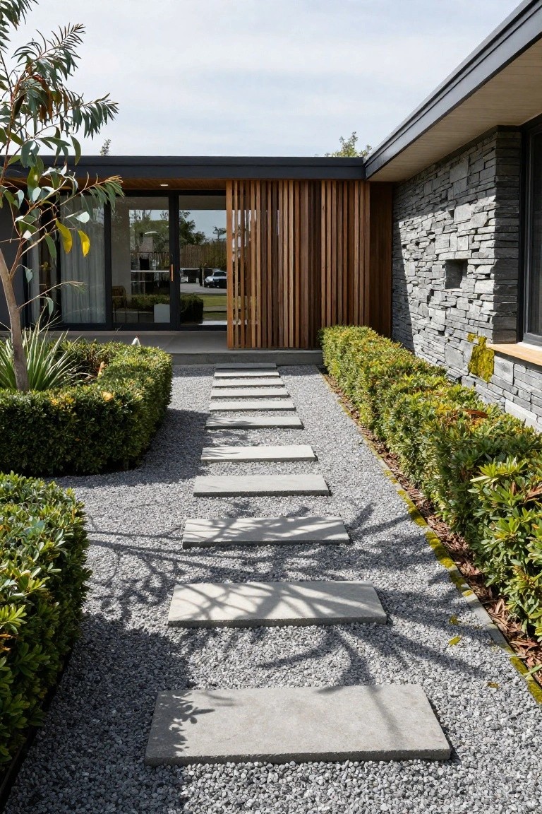 Modern house entrance with stone path, gravel, and lush green shrubs.