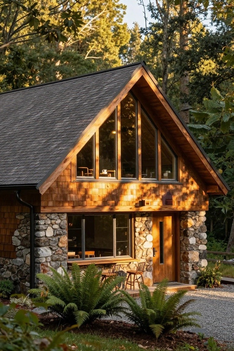Compact cabin exterior with cedar shingle siding over fieldstone base, large triangular wood-framed windows, wooden entry door, ferns and gravel path in forested setting.