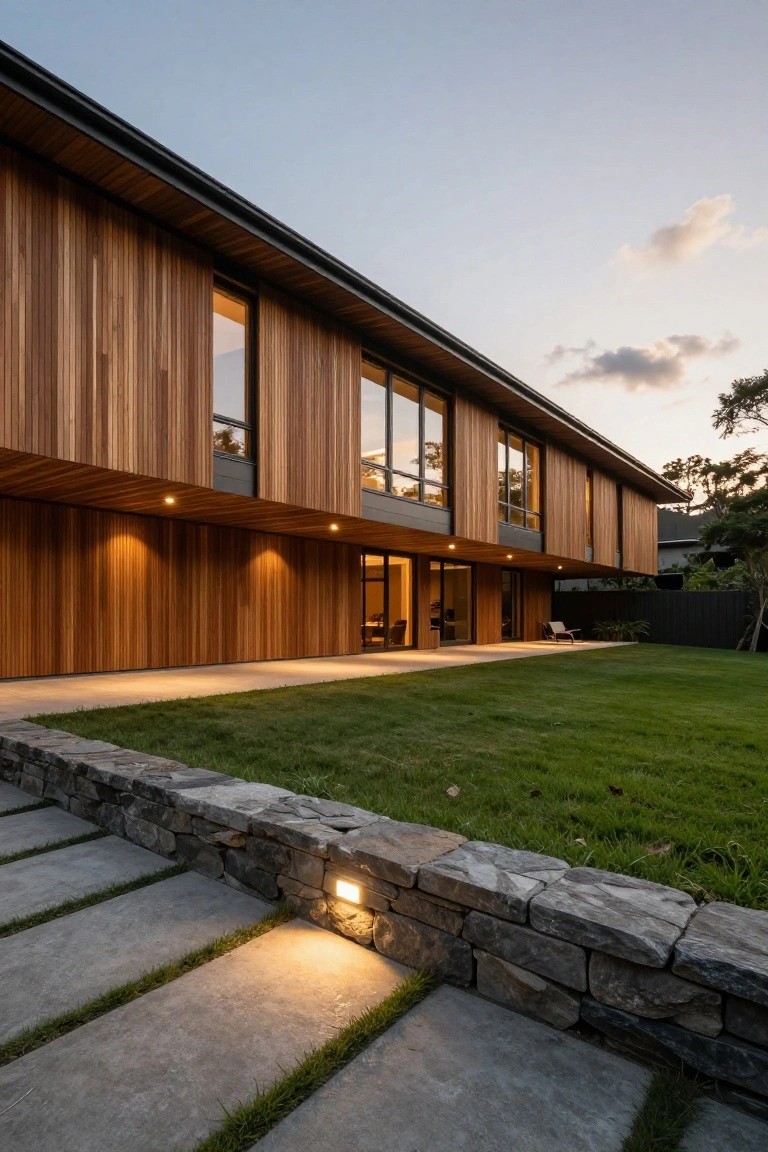 Exterior of a two-story modern house with vertical cedar wood cladding, large horizontal windows, black metal roof and trim, glass entry doors, concrete paver path, stone retaining wall, and grassy lawn at dusk.