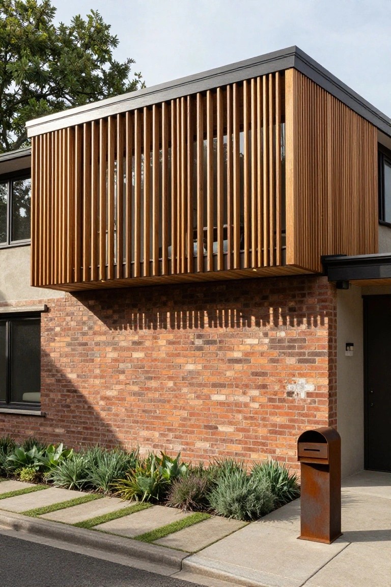 House exterior with red brick lower walls, a protruding upper wooden structure featuring vertical slats, glass windows behind slats, front door, landscaping with succulents and grasses, and a tall rusted metal mailbox on a concrete path.