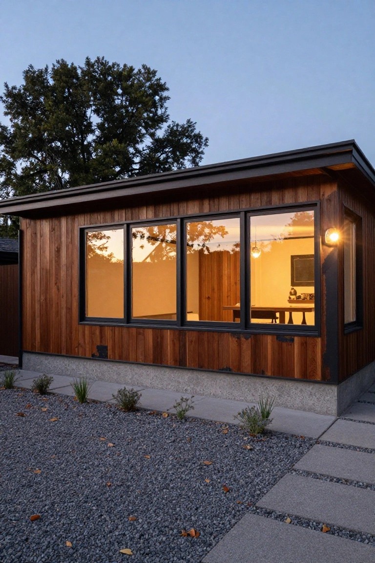 Side exterior of a low single-story house with vertical wood cladding, large black-framed windows revealing a lit interior dining space with table and chairs, gravel ground cover, low plants, and stepping stones at dusk.