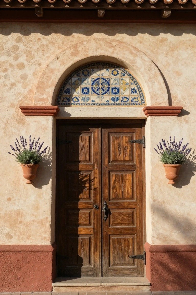 Wooden double doors under a beige stucco archway decorated with blue and white tiles, flanked by terracotta pots of lavender on either side.