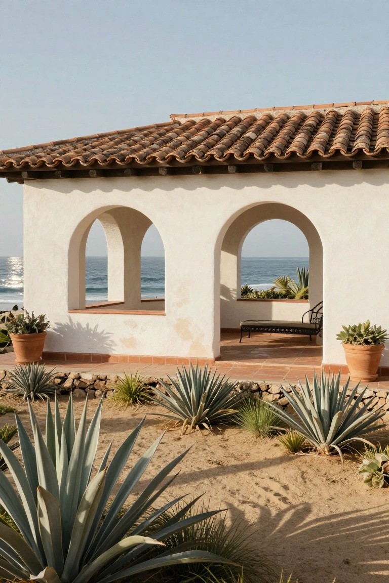 White stucco wall with two wide arched openings overlooking the ocean, a black metal chaise lounge on terracotta flooring, potted succulents, and agave plants in a sandy yard.