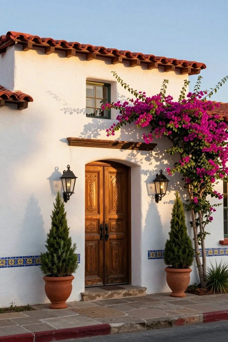 White stucco Spanish Colonial house exterior with red tile roof, arched double wooden doors flanked by iron lanterns and large terra cotta pots containing cypress trees, purple bougainvillea vines cascading over the entry, and blue tile accents along the base.