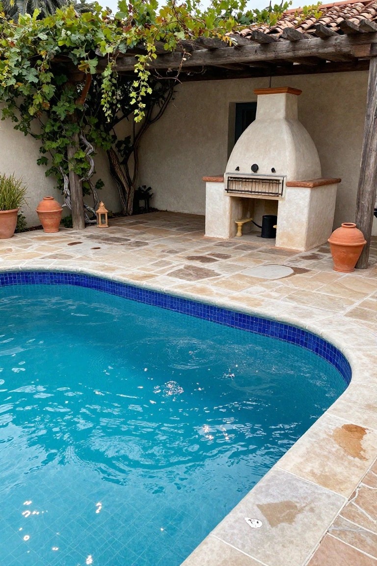 White stucco built-in barbecue with dome top and arched grate next to a blue mosaic-tiled swimming pool on a beige stone patio, under wooden pergola covered in green vines, with terracotta pots nearby.