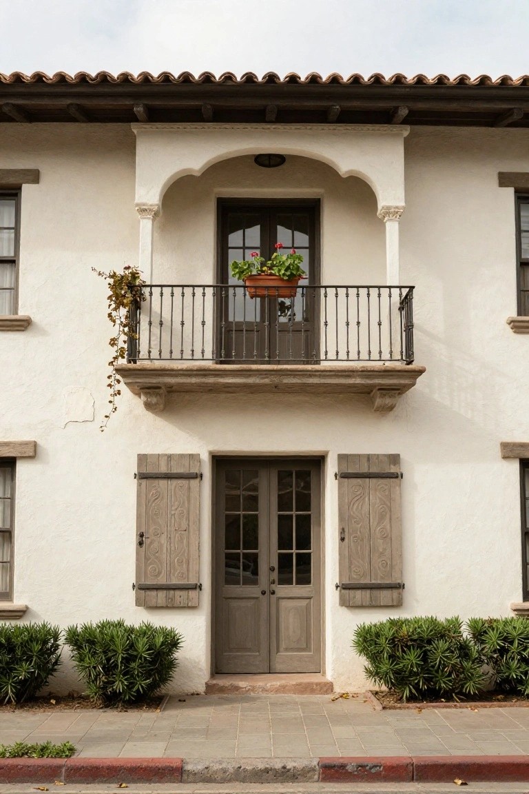 White stucco two-story Spanish Colonial house exterior featuring a red tile roof, arched second-story balcony with wrought-iron railing and potted plants above centered wooden double doors with carved shutters, flanked by boxwood shrubs on a tiled walkway.